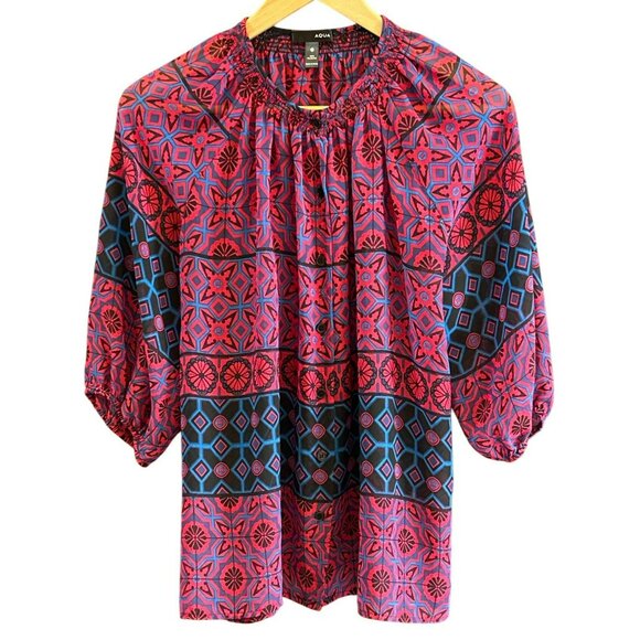Aqua Women's Red Blue Geometric Print Smocked Neckline Large 3/4 Sleeves Sheer - Picture 1 of 5